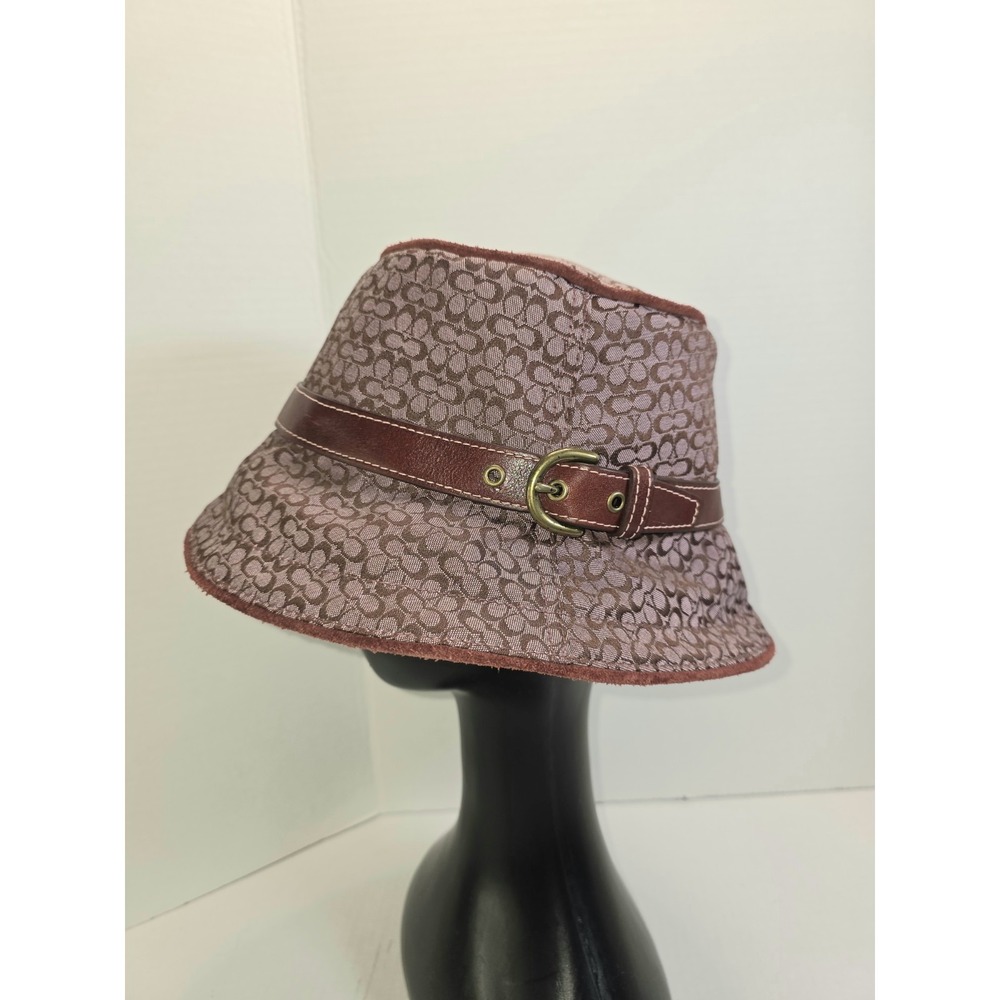 Coach Monogram Bucket Hat, Burgundy /Maroon With Suede Trim, Leather Buckle